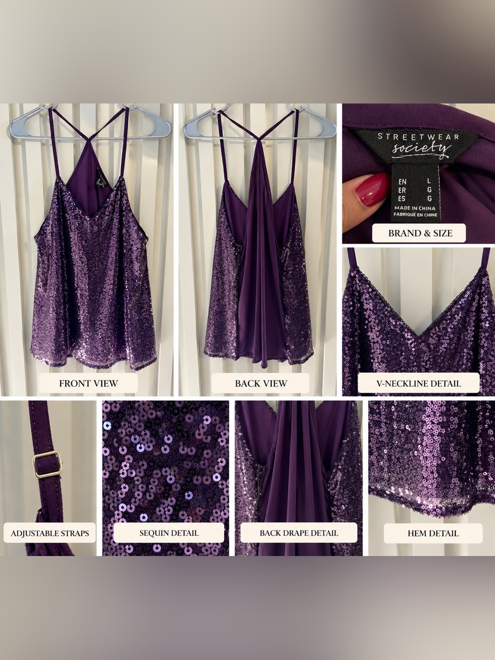 Streetwear Society Purple Sequin V-Neck Strappy Cami